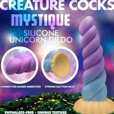 XR Brands Mystique Silicone Unicorn Dildo with Spiral Textured Design - Non-Realistic Dildos
