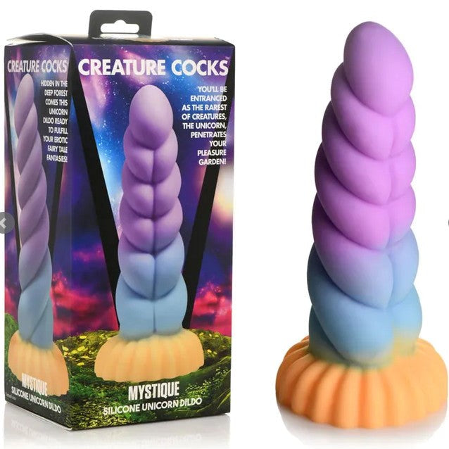 XR Brands Mystique Silicone Unicorn Dildo with Spiral Textured Design - - Non-Realistic Dildos