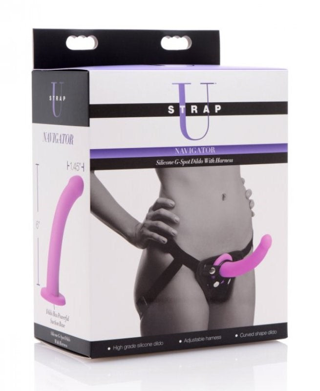 XR Brands Navigator Silicone G Spot Dildo with Harness Curved Design - - Strap On Sextoys