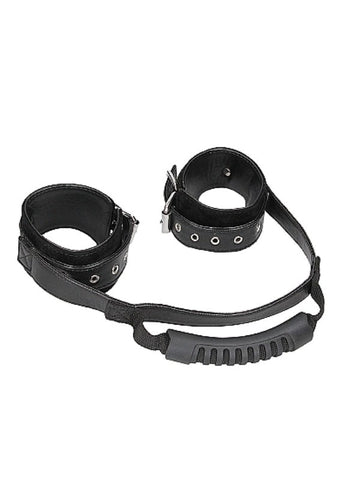 Ouch Black and White Bonded Leather Wrist Cuffs with Handle and Control - Cuffs and Restraints