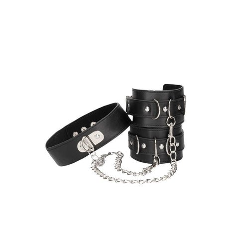 OUCH! BW Bonded Leather Collar With Hand Cuffs - Cuffs and Restraints