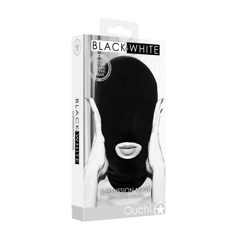 Shots Toys OUCH! BW Submission Mask With Open Mouth Spandex Hood - - Masks And Blindfolds
