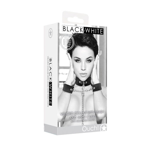 Shots Toys OUCH! BW Velcro Collar With Leash And Hand Cuffs Premium BDSM Set - Cuffs and Restraints