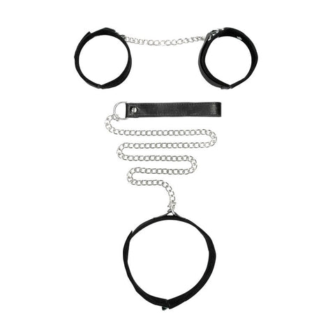 Shots Toys OUCH! BW Velcro Collar With Leash And Hand Cuffs Premium BDSM Set - Cuffs and Restraints