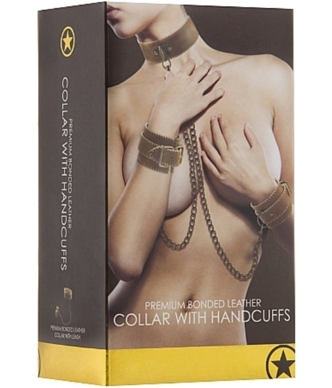 Shots Toys Luxury Bondage Set Leather Collar and Cuffs Premium Brown Leather - - Cuffs and Restraints