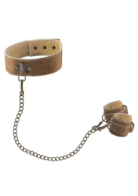 Shots Toys Luxury Bondage Set Leather Collar and Cuffs Premium Brown Leather - - Cuffs and Restraints