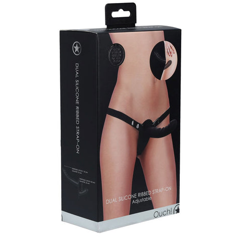 Shots Toys OUCH! Dual Silicone Ribbed Strap On Shared Pleasure Experience - Realistic Dildos