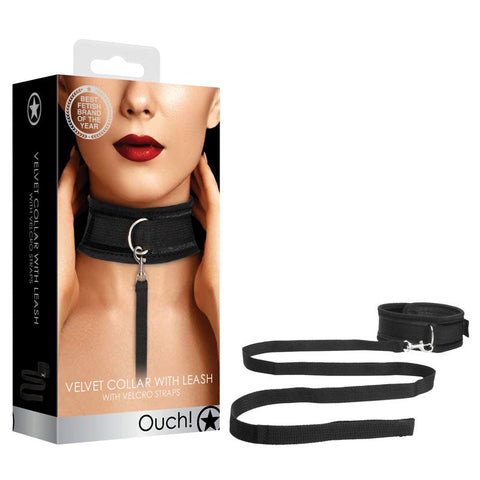 Shots Toys OUCH! Velvet and Velcro Adjustable Collar with Leash - Collars and Leads