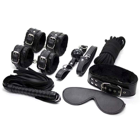 BDStyle Plush SM Bondage Kit 7 Pcs Black Faux Leather BDSM Restraints - Bondage Kits