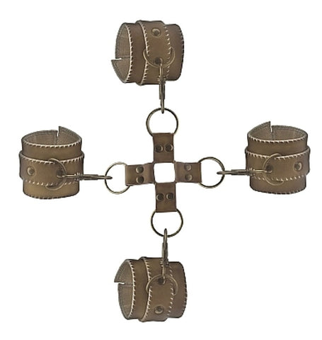 Shots Toys Premium Bonded Hogtie Brown Leather Bondage Restraint System - Cuffs And Restraints