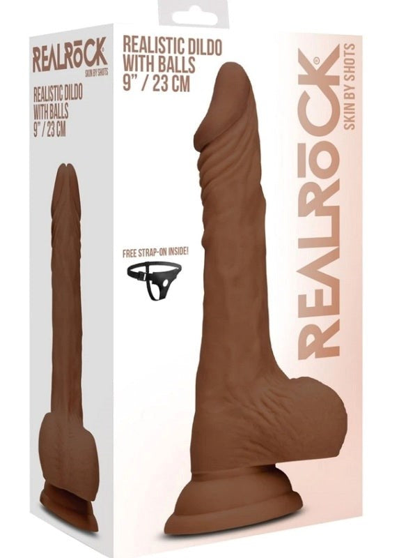 Shots Toys Realrock Skin Dildo with Balls Brown TPE with Suction Cup - - Realistic Dildos