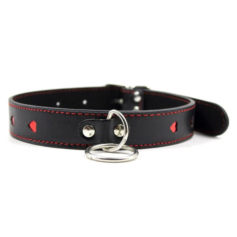BDStyle Red Heart O Ring Collar with Heart Shaped Ring and Diamante Details - Collars and Leads