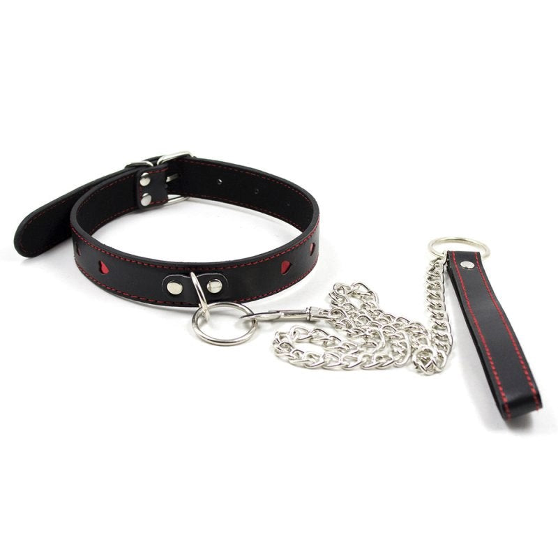 BDStyle Red Heart O Ring Collar with Heart Shaped Ring and Diamante Details - Collars and Leads