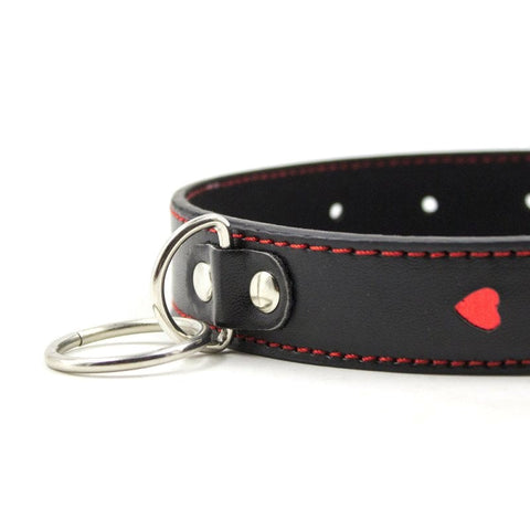 BDStyle Red Heart O Ring Collar with Heart Shaped Ring and Diamante Details - Collars and Leads