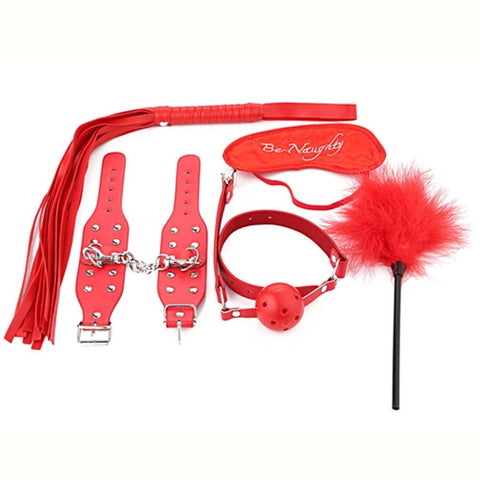BDStyle Red Lovers PVC Cuffs Restraint Kit 5 piece BDSM Set - Bondage Kits