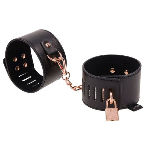 Sportsheets S&M Brat Locking Cuffs Black PU Leather Rose Gold Hardware - Cuffs and Restraints
