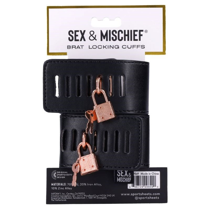 Sportsheets S&M Brat Locking Cuffs Black PU Leather Rose Gold Hardware - Cuffs and Restraints
