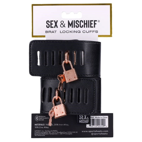 Sportsheets S&M Brat Locking Cuffs Black PU Leather Rose Gold Hardware - Cuffs and Restraints