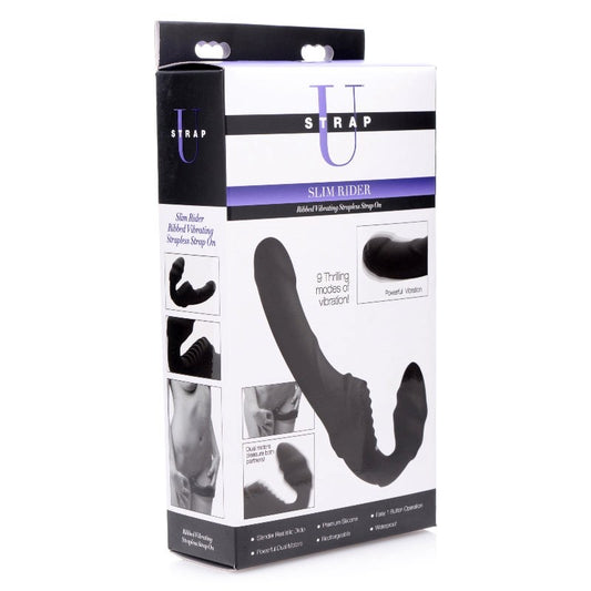 XR Brands Slim Rider Ribbed Vibrating Silicone Strapless Strap On Couples - - Strap On Sextoys