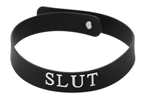 XR Brands Slut Silicone Collar Black Adjustable BDSM Power Play Collar - Collars and Leads