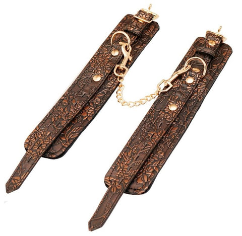 Spartacus Enterprises Brown Floral Print PU Ankle Cuffs with Faux Fur Lining - Cuffs and Restraints