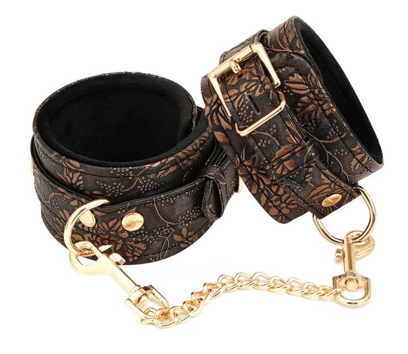 Spartacus Enterprises Brown Floral Print PU Ankle Cuffs with Faux Fur Lining - - Cuffs and Restraints