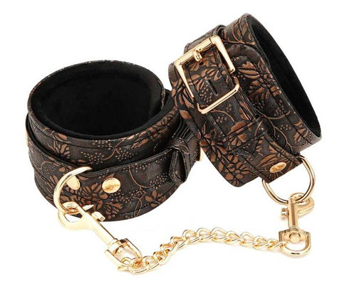 Spartacus Enterprises Brown Floral Print PU Ankle Cuffs with Faux Fur Lining - Cuffs and Restraints