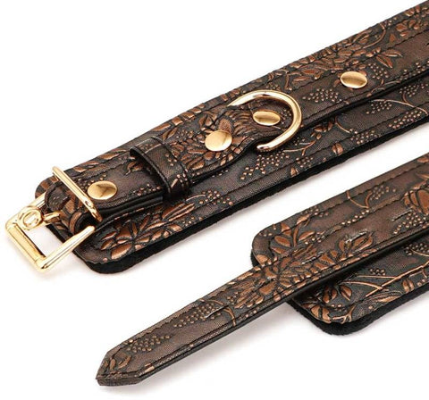 Spartacus Enterprises Brown Floral Print PU Ankle Cuffs with Faux Fur Lining - Cuffs and Restraints