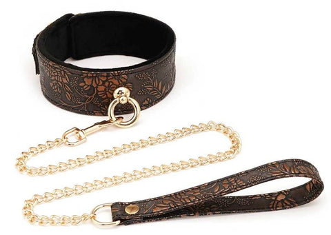 Spartacus Brown Floral Print PU Collar and Leash BDSM Control Set - Collars and Leads