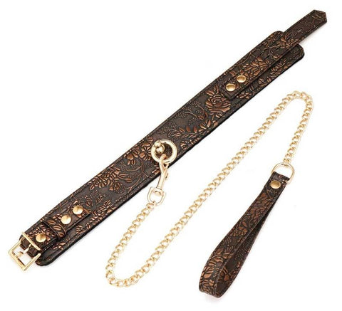 Spartacus Brown Floral Print PU Collar and Leash BDSM Control Set - Collars and Leads