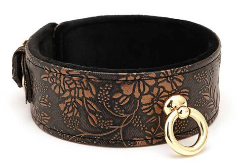 Spartacus Brown Floral Print PU Collar and Leash BDSM Control Set - Collars and Leads