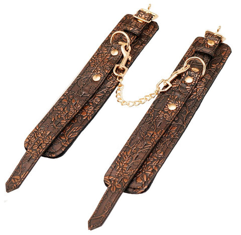 Spartacus Enterprises Brown Floral Print PU Wrist Cuffs with Fur Lining - Cuffs and Restraints