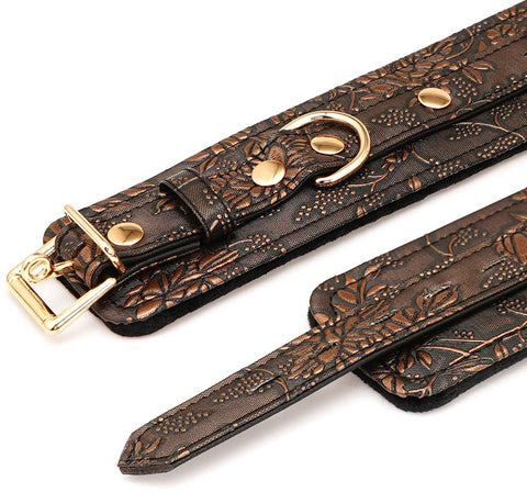 Spartacus Enterprises Brown Floral Print PU Wrist Cuffs with Fur Lining - Cuffs and Restraints
