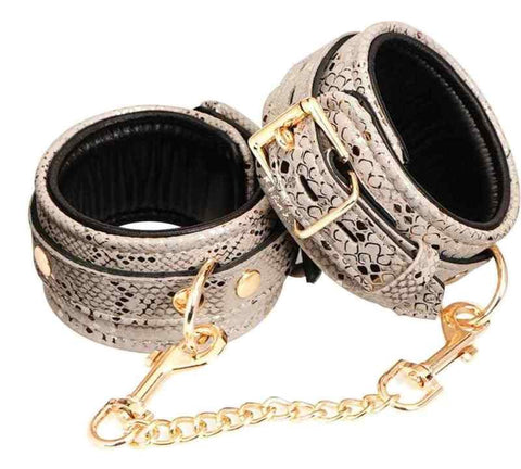 Spartacus White Snake Print Microfiber Wrist Restraints with Removable Chain - Cuffs and Restraints