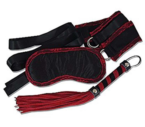 Sportsheets Leather and Lace Luxury Kit Blindfold Cuffs Flogger Set - Cuffs And Restraints