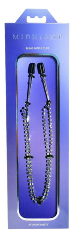 Sportsheets Midnight Bling Nipple Clips with Cubic Zirconia Chain - Nipple and Clit Clamps