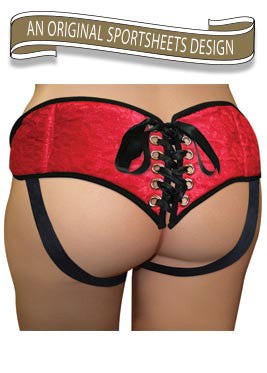 Sportsheets Plus Size Red Lace with Satin Corsette Strap On Premium Harness - - Strap On Sextoys