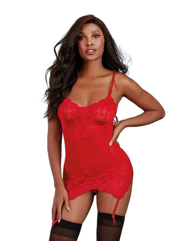 Dream Girl Lingerie Stretch Lace and Mesh Garter Slip with G String Red Lace - Babydolls and Chemises