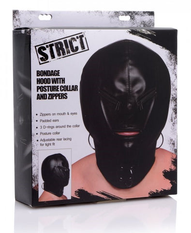 XR Brands Strict Hood Mask Zipper with Sensory Deprivation Features - Bondage Hoods