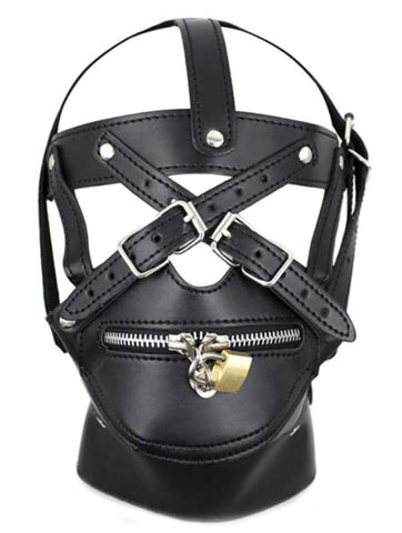 BDStyle Strict Hood Zipper Harness Lockable Zip Muzzle Premium Faux Leather - Bondage Hoods