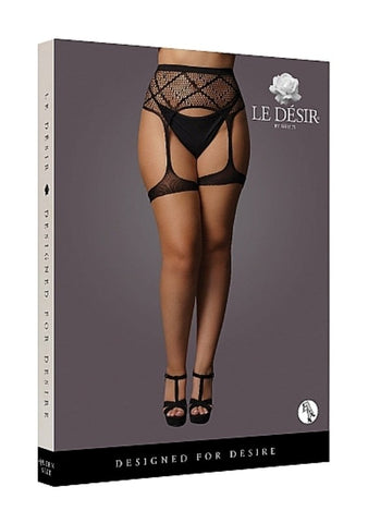 Shots Toys Striped Fishnet Garterbelt Black with Adjustable Straps - Hosiery