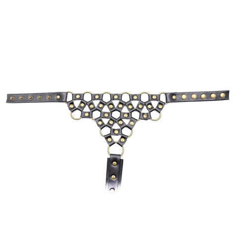 BDStyle Studded G String Bondage Thong Premium Leather with Metal Studs - Her Fetish