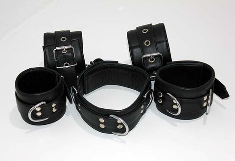 Hells Couture Submissives Complete Black Leather Restraint Set with D Rings - Cuffs And Restraints