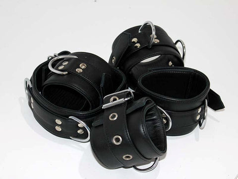 Hells Couture Submissives Complete Black Leather Restraint Set with D Rings - Cuffs And Restraints