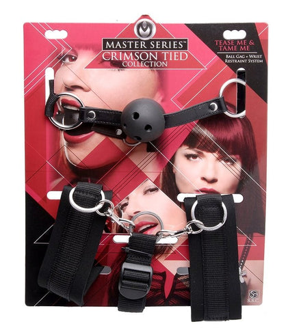 XR Brands Tease Me & Tame Me Ball Gag & Wrist Restraint System Bondage Set - Cuffs And Restraints
