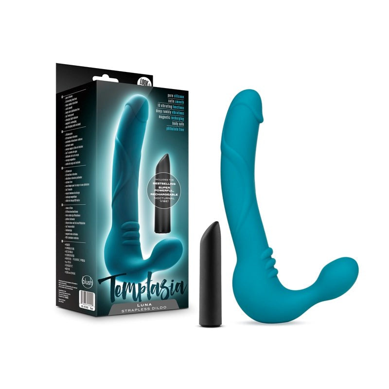 Blush Novelties Temptasia Luna Strapless Silicone Dildo Teal with Vibrator - Strap On Sextoys