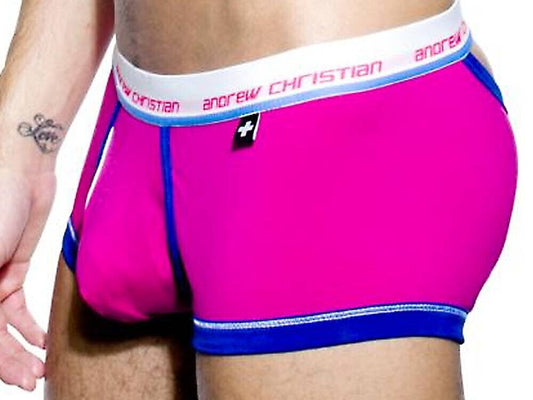 Andrew Christian Tighty Whitie Punked Cresent Boxer Fuchsia with Peep Window - - Mens Briefs And Boxers