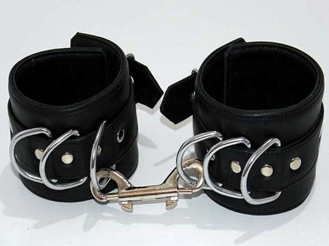 Hells Couture Triple D Ring Bondage Cuffs & Connector with Heavy Duty Hardware - Cuffs and Restraints