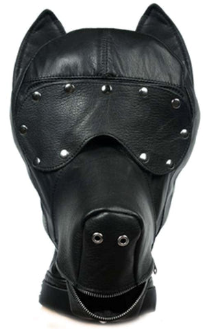 BDStyle Ultimate Leather Dog Hood with Zippered Muzzle and Blindfold - Bondage Hoods