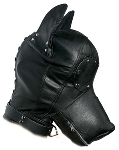 BDStyle Ultimate Leather Dog Hood with Zippered Muzzle and Blindfold - Bondage Hoods